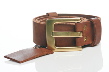Brown leather belt close up view