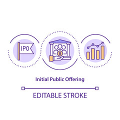 Initial public offering concept icon. ompany first decides to become publicly traded company. Stock shares idea thin line illustration. Vector isolated outline RGB color drawing. Editable stroke