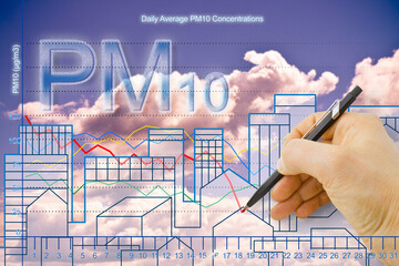 Hand drawing a chart about particulate matter emission (PM10) in the air against a city skyline -...