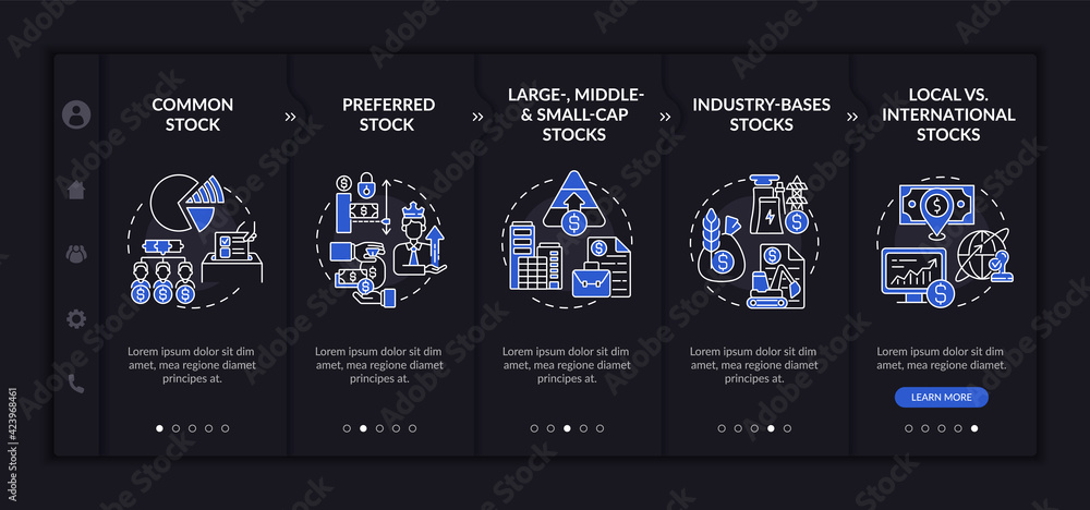 Poster investment assets types onboarding vector template. responsive mobile website with icons. web page w