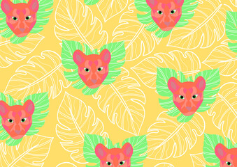 Multi-colored muzzles of a tiger on a yellow background with palm leaves. Trendy illustrated drawing for corporate identity, stationery, packaging and wallpaper. Minimalistic plants background. 