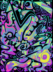Vivid creative psychedelic colorful surreal doodle pattern.