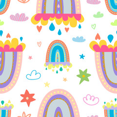 Boho seamless pattern of rainbows, clouds, and stars. Cute illustrations in kid s style.
