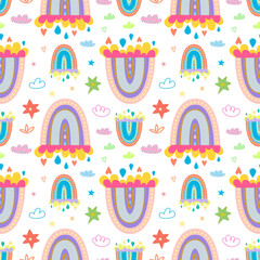 Boho seamless pattern of rainbows, clouds, and stars. Cute illustrations in kid s style.