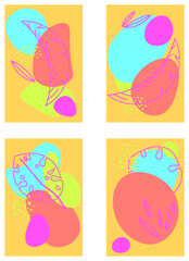 vector set of postcards. flat image of a set of postcards with foliage and blurred shapes