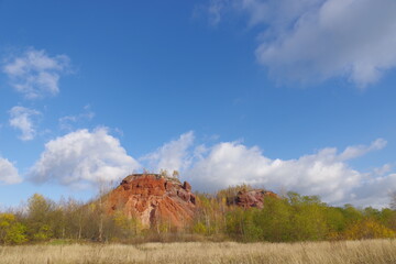 Red hills with birches against a blue sky.