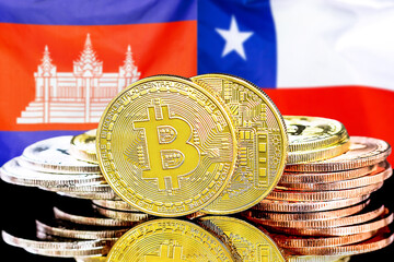 Concept for investors in cryptocurrency and Blockchain technology in the Algeria and Chile. Bitcoins on the background of the flag Algeria and Chile