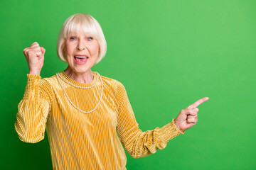 Photo of happy smiling excited old woman raise fist in victory point finger copyspace promo...