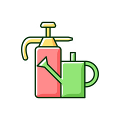 Watering can and hand sprayer RGB color icon. Healthy garden maintenance. Fertilizers, herbicides application. Rainwater storage tank. Pest and weed control. Horticulture. Isolated vector illustration