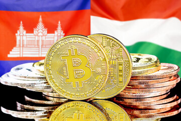 Concept for investors in cryptocurrency and Blockchain technology in the Algeria and Hungary. Bitcoins on the background of the flag Algeria and Hungary