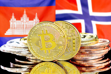 Concept for investors in cryptocurrency and Blockchain technology in the Algeria and Norway. Bitcoins on the background of the flag Algeria and Norway