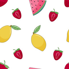 Seamless pattern with exotic fruits. Tropical fruits. Strawberries, mango, watermelon slices