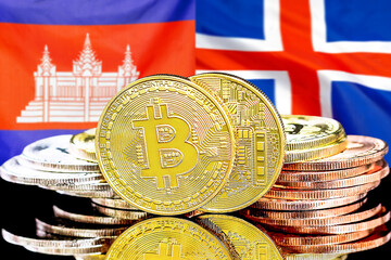 Concept for investors in cryptocurrency and Blockchain technology in the Algeria and Iceland. Bitcoins on the background of the flag Algeria and Iceland