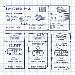 Vector Set of Sketch Tickets for Plane, Bus, Tram and Trolley Bus