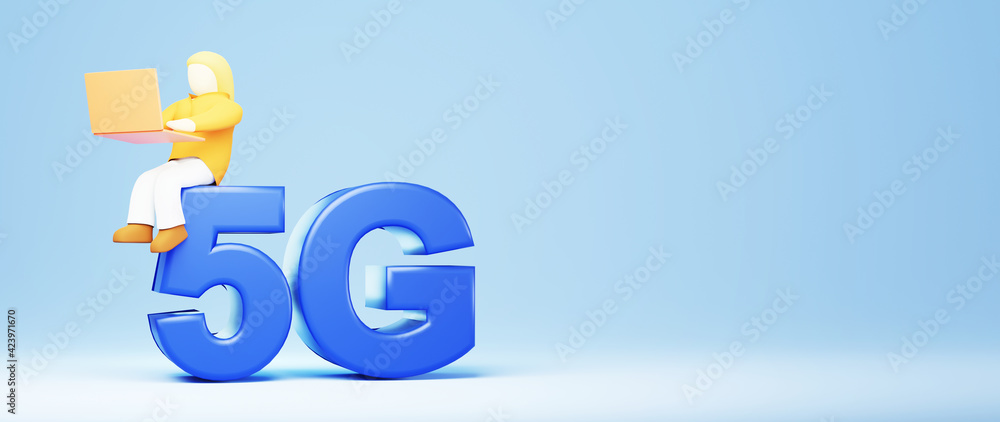 Poster 3d render of 5g and a girl. shopping online and e-commerce on web business concept. secure online pa