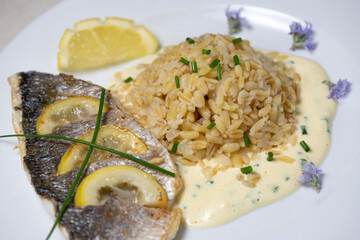 Lemon spiked sea bream fillet, cooked wheat risotto on plate