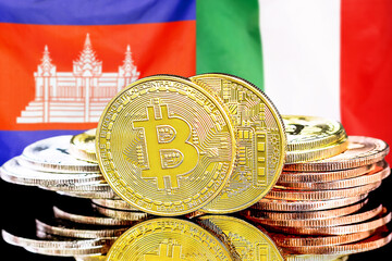 Concept for investors in cryptocurrency and Blockchain technology in the Algeria and Italy. Bitcoins on the background of the flag Algeria and Italy