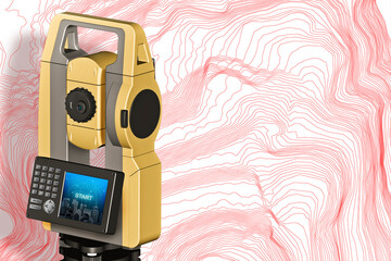 Imaginary cadastral map of territory with relief and level curves and 3D rendering of a geodesic device, called Total Station used for the survey of topographic maps and topographical survey