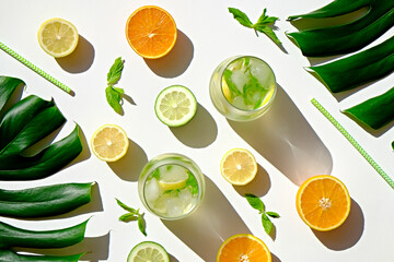 Two glasses of lemonade, slices of orange, lemon and lime casting shadow on white table. Virgin mojito drinks with ingredients and palm leaves as decoration. Top view, copy space, flat lay, background - Powered by Adobe