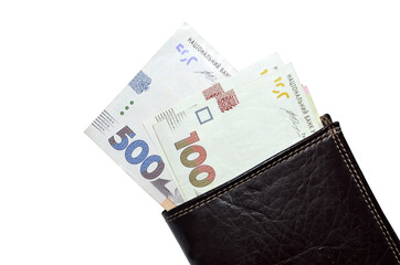 recount money ukrainian hryvnia new bills (banknotes) 500,  100 in leather wallet. Finance crisis in Ukraine, the fall of the hryvnia to the dollar exchange rate. Flat lay, top view. Free copy space. 