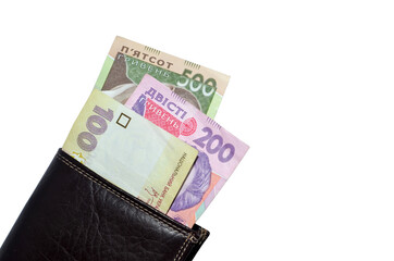 recount money ukrainian hryvnia bills (banknotes) 500, 200, 100 in leather wallet. Finance crisis in Ukraine, the fall of the hryvnia to the dollar exchange rate. Flat lay, top view. Free copy space. 