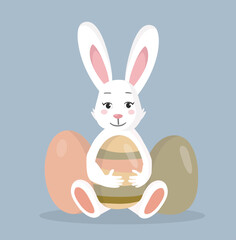 Flat style illustration. Easter rabbit with big fluffy ears hugging the egg. There are two more colored eggs in the background behind a bunny.