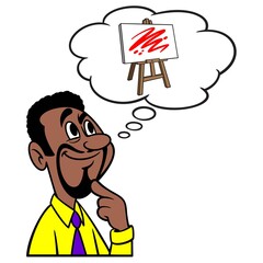 Man thinking about Art Class - A cartoon illustration of a man thinking about taking an Art Class.
