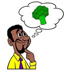 Man thinking about Broccoli - A cartoon illustration of a man thinking about eating organic Broccoli.
