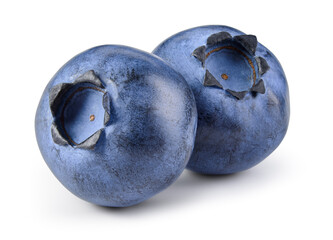Blueberry isolated. Two blueberries on white. Fresh blueberry side view. With clipping path. - obrazy, fototapety, plakaty