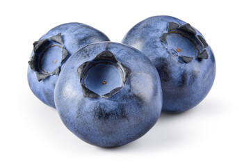 Blueberry isolated. Three blueberries on white. Blueberry side view. With clipping path.
