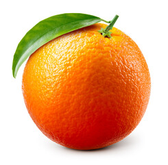 Orange fruit isolate. Orange citrus on white background. Whole orange fruit with leaves. Clipping...