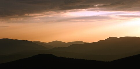 picturesque foggy summer sunrise scenery, stunning landscape in the mountains, mountains hills and wonderful morning sky, Carpathian mountains, Ukraine, Europe