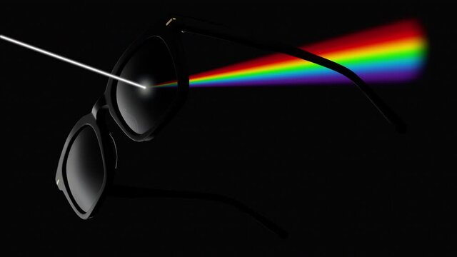 concept of polarized lenses, sunglasses isolated on black background filter the rays of sunlight, with rainbow colors illustration