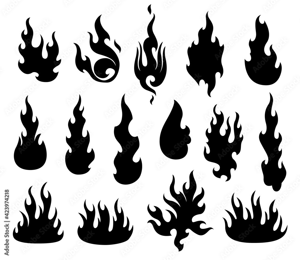 Poster fire flame. flames of different shapes. fireball set, flaming symbols. idea of energy and power. col