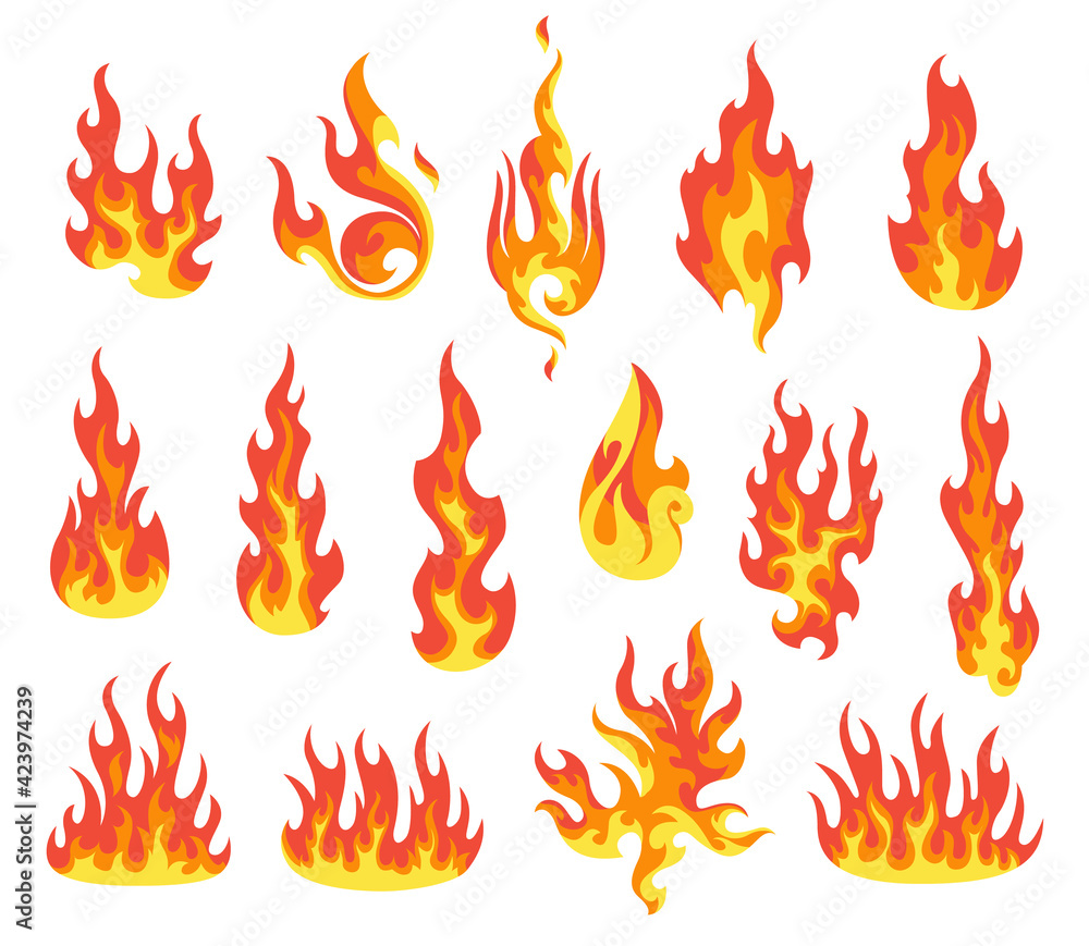 Poster set of red and orange fire flame. flames of different shapes. fireball set, flaming symbols. idea of