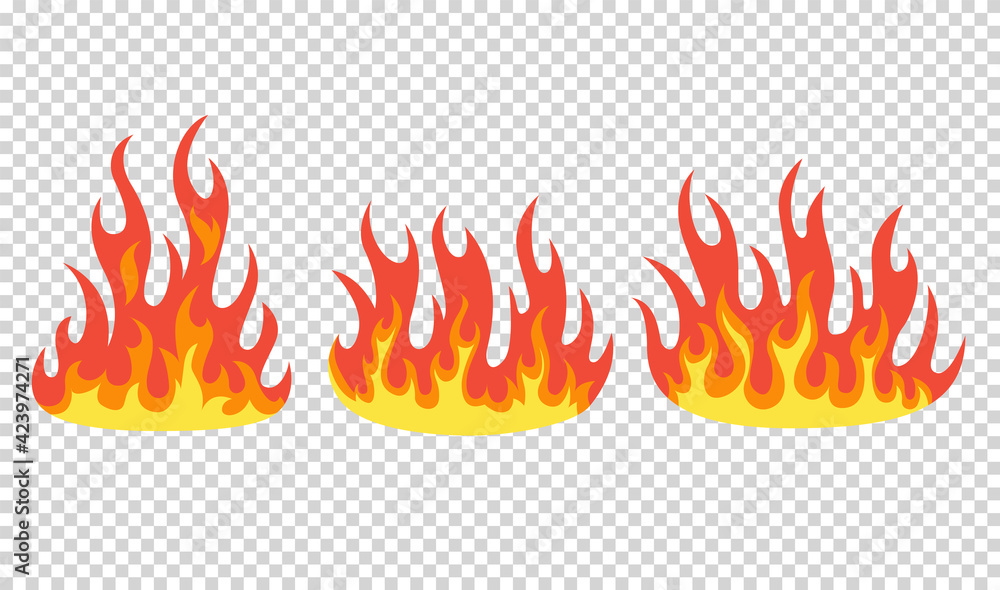 Poster set of red and orange fire flame. flames of different shapes. fireball set, flaming symbols. idea of