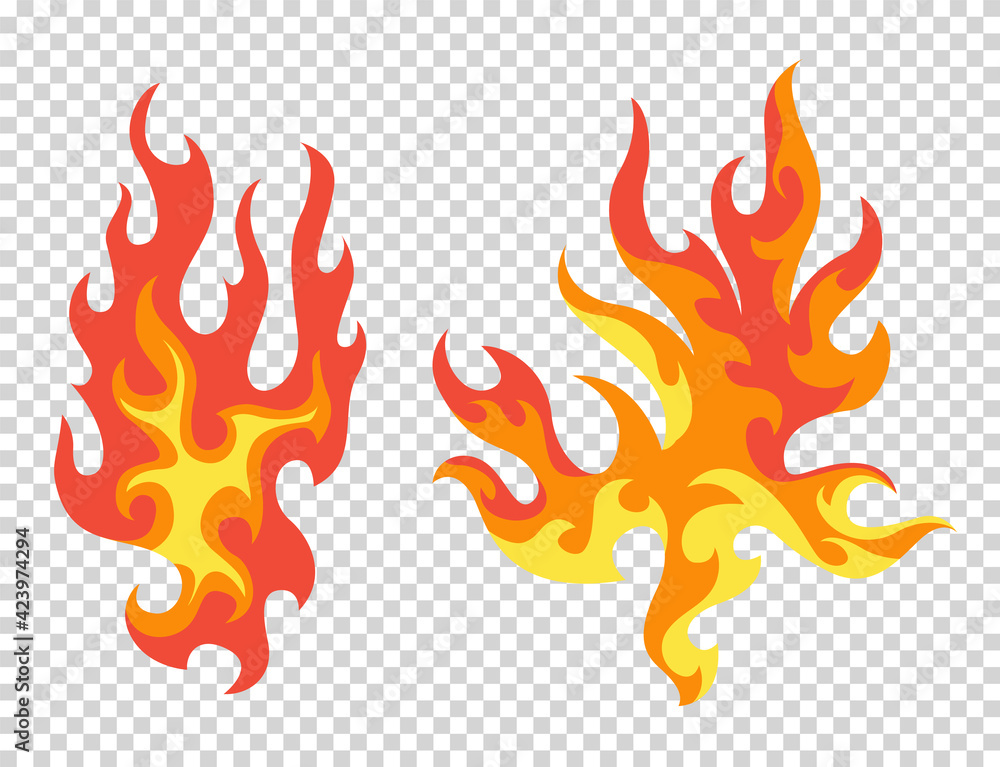 Poster set of red and orange fire flame. flames of different shapes. fireball set, flaming symbols. idea of