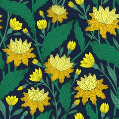 Naklejka na ściany i meble SEAMLESS PATTERN WITH BEAUTIFUL YELLOW COLORS ON A DARK BLUE BACKGROUND IN VECTOR