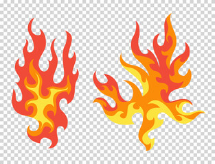 Set of red and orange fire flame. Flames of different shapes. Fireball set, flaming symbols. Idea of energy and power. Collection of hot flaming element. icons in cartoon style