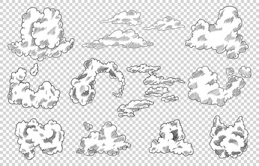 Obraz premium Hand drawn clouds set. Vintage retro sky design. Engraved sketch. Abstract doodle clouds. Line art on transparent background