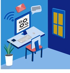 isometric illustration design of workplace with computer blue combination