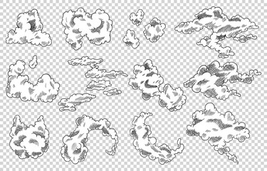Hand drawn  clouds set. Vintage retro sky design. Engraved sketch. Abstract doodle clouds. Line art on transparent background