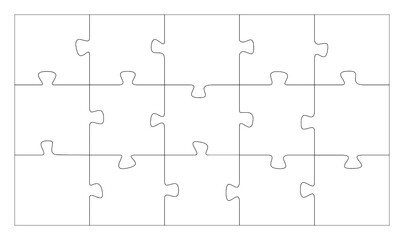 Puzzle with 15 white unique pieces in a rectangular shape.
Jigsaw Puzzle printing and cutting template.
Puzzle cutting lines on white background.
Each puzzle piece is unique. - obrazy, fototapety, plakaty