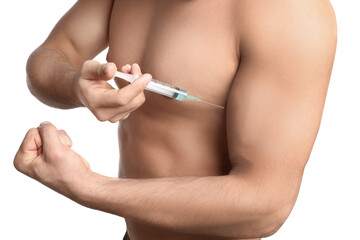 Athletic man injecting himself on white background, closeup. Doping concept