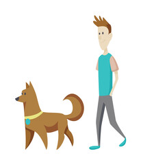 Young man walking with his dog. Modern flat illustration. Hand drawn style  design illustration. Character design