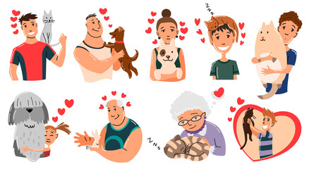 People and pets. Cat, dog and rabbit pet owner characters. Man and womans holding on hands his animals. Peoples love his animals. Cute and adorable domestic animals