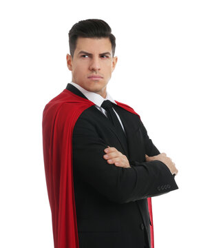 Man wearing superhero cape on white background