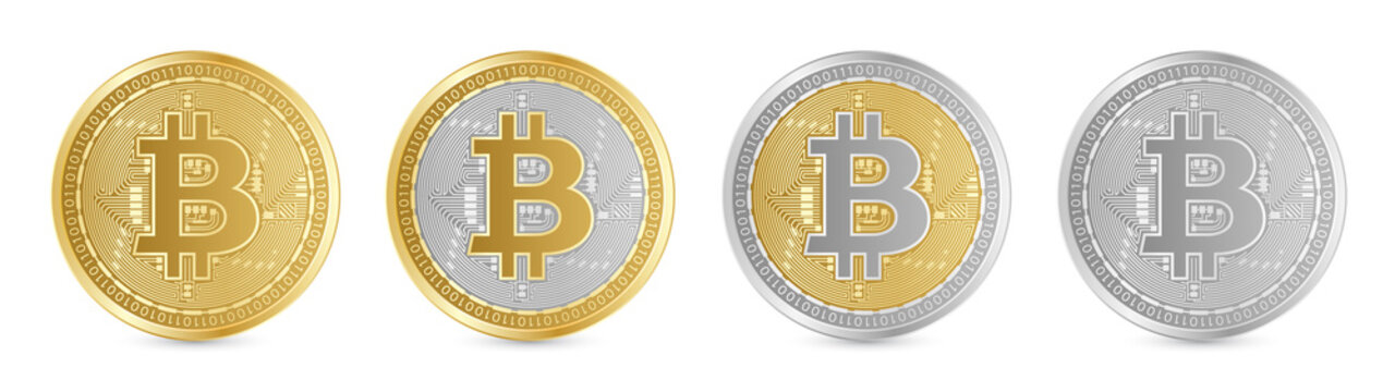Realistic golden coin pack with bitcoin sign in four different color types. Isolated gold coins. Cryptocurrency mining.