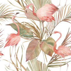 Tropisch naadloos patroon met flamingo en palmbomen. Aquarel print op witte achtergrond. Zomer handgetekende illustratie