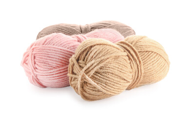 Different soft colorful woolen yarns on white background